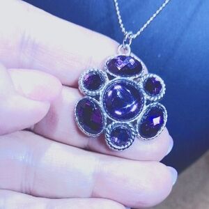 Elegant Purple Flower Pendant On Silver Tone Chain Necklace 18" Long